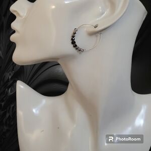 STERLING Gray Silver Crystal Beaded Wire Wrapped Hoop Huggie Earrings